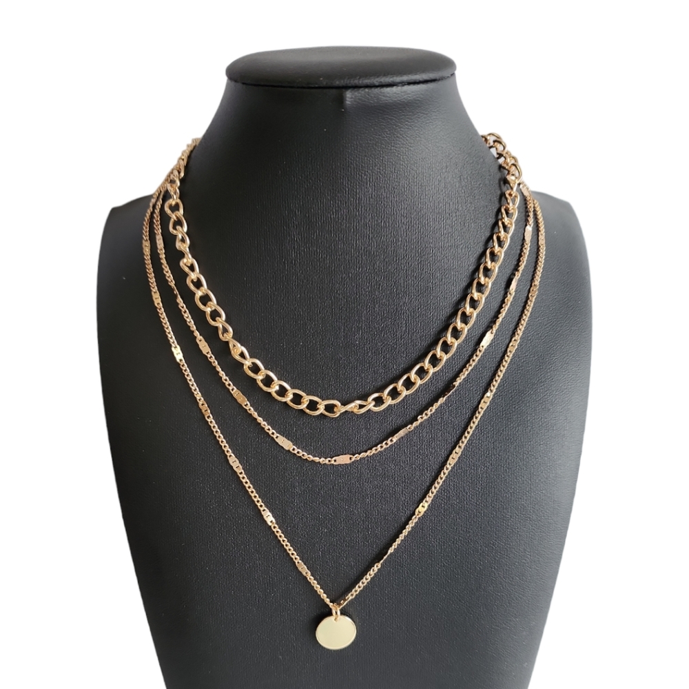 Gold Tone Triple Layer Pendant Chain Necklace Adjustable
